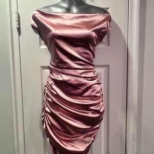 SHEIN Satin Pink Off-Shoulder Mini Dress